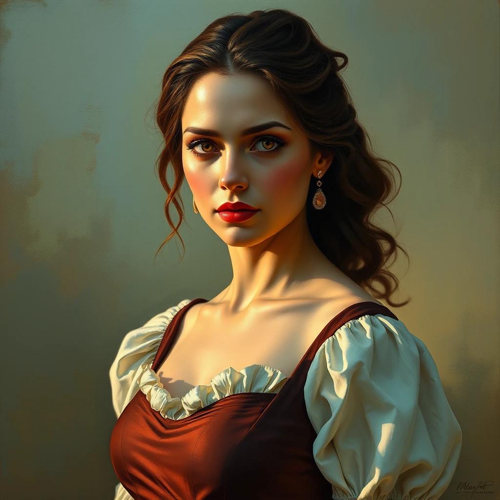 flux.1 aiPaint a woman in a classic, timeless dress, her features softly illuminated by the evening light, her expression enigmatic and alluring, inviting viewers to explore her depth.