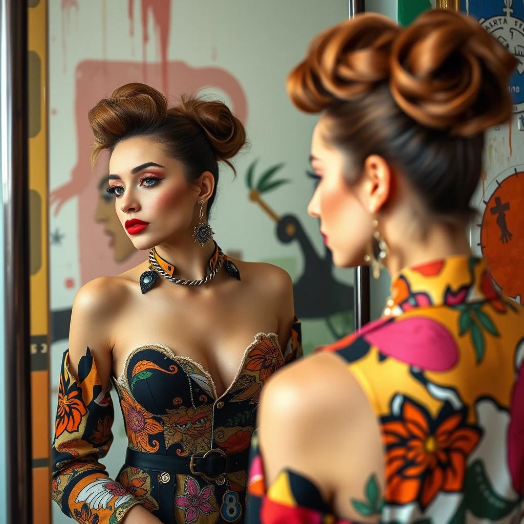 flux.1 aiDepict a beautiful woman in an artistic, bold outfit, her hair styled with creative flair, as she looks into a mirror, her reflection and the artistic elements around her creating a vibrant tableau.