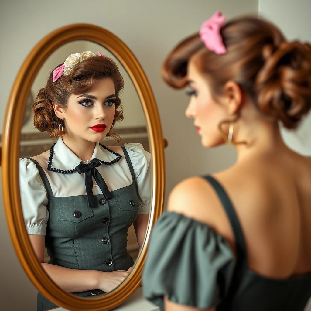 flux.1 aiCreate a scene of a beautiful woman in a retro-inspired outfit, her hair and makeup styled in a nostalgic fashion, as she admires her reflection in a retro mirror, evoking a sense of charming beauty.