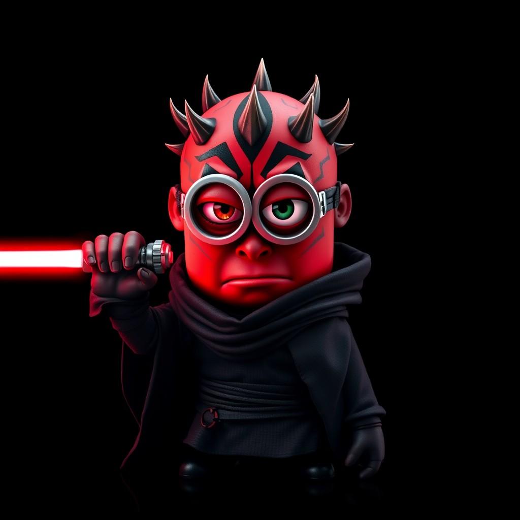 flux.1 aiA minion from despicable me, red skin, Darth Maul like spikes on head, dressed in a dark Sith lord robe, Dark Jedi, (one eye:1.2), angry expression, scowling, (looking at viewer:1.1), holding a red lightsaber, pitch black background only illuminated by red lightsaber, perfect lightsaber, lightsaber pointed at viewer,
Highest quality, masterpiece, 4k, concept art,