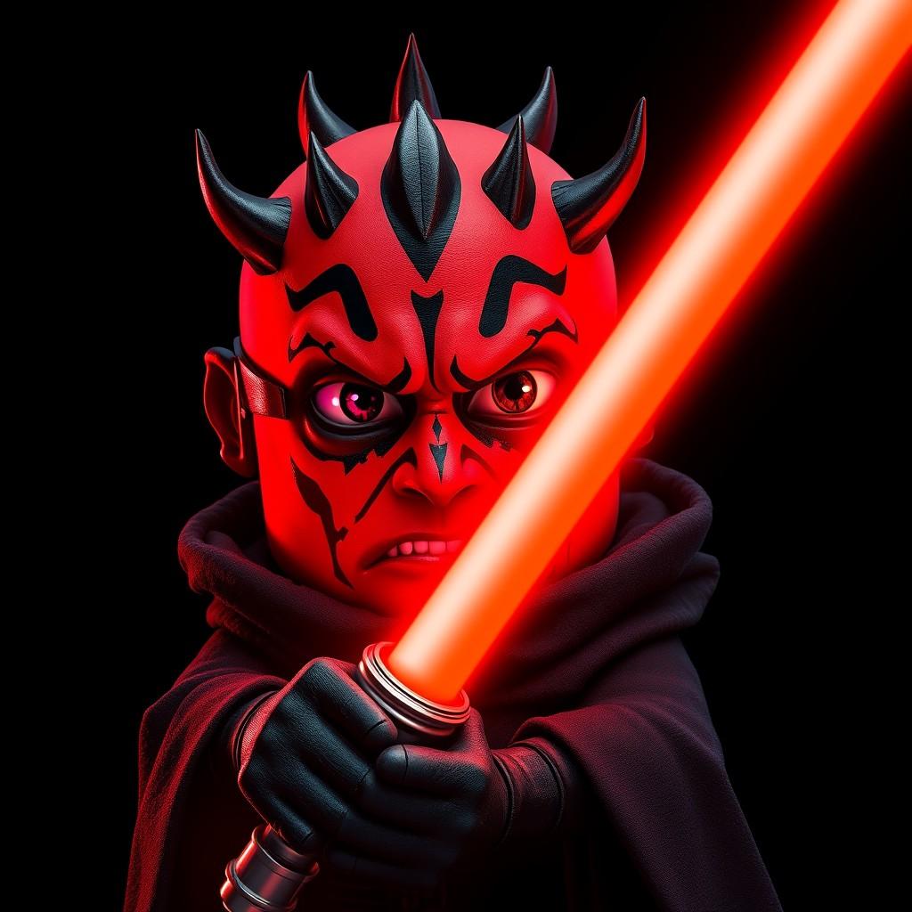 flux.1 aiA minion from despicable me, red skin, Darth Maul like spikes on head, dressed in a dark Sith lord robe, Dark Jedi, (one eye:1.2), angry expression, scowling, (looking at viewer:1.1), holding a red lightsaber, pitch black background only illuminated by red lightsaber, perfect lightsaber, lightsaber pointed at viewer,
Highest quality, masterpiece, 4k, concept art,