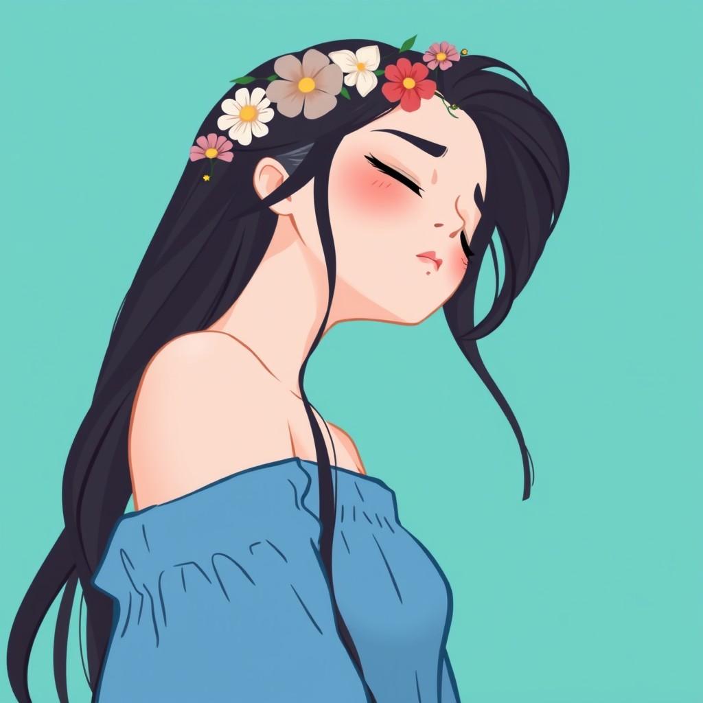 flux.1 aiThe image is a digital illustration of a young woman with long dark hair. She is wearing a blue off-the-shoulder top and has a flower crown on her head. Her eyes are closed and her head is tilted upwards, as if she is in a peaceful state. The background is a solid turquoise color. The overall mood of the image is calm and serene.