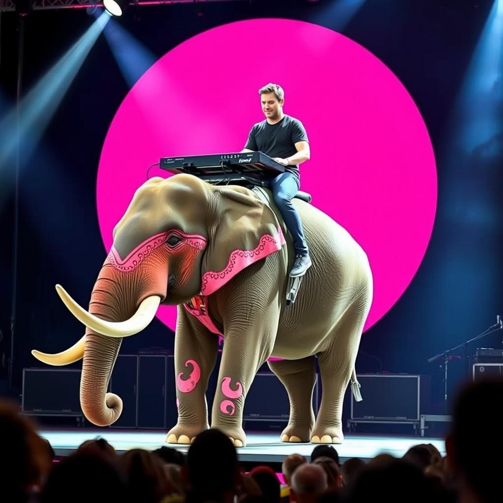 flux.1 aiThe image shows a man riding on the back of an elephant on a stage. The elephant is decorated with pink and black designs and has large tusks. The man is wearing a black t-shirt and jeans and is playing a keyboard on top of the elephant. The stage is lit with bright lights and there is a large pink circle in the background. The audience can be seen in the foreground, watching the performance.