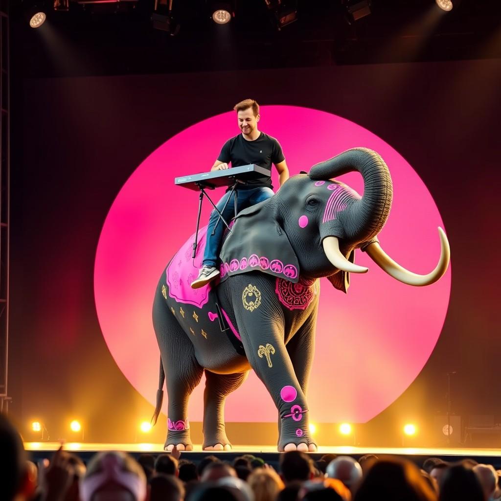 flux.1 aiThe image shows a man riding on the back of an elephant on a stage. The elephant is decorated with pink and black designs and has large tusks. The man is wearing a black t-shirt and jeans and is playing a keyboard on top of the elephant. The stage is lit with bright lights and there is a large pink circle in the background. The audience can be seen in the foreground, watching the performance.