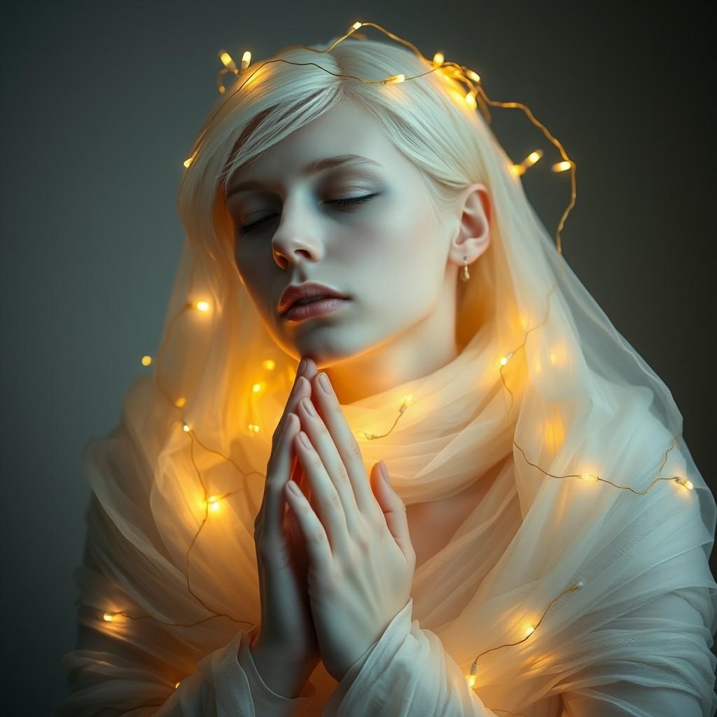 flux.1 aiEthereal portrait of a luminous being, pale skin, white hair, eyes closed in contemplation. Wrapped in layers of gauzy white fabric, resembling bandages or mummy wrappings. Glowing golden string lights intertwined throughout the figure, creating a halo effect. Hands clasped near face in a gesture of prayer or reflection. Soft, dream-like lighting with a warm golden glow contrasting against the white tones. Hyper-realistic detail in facial features and textures. Style blend of fantasy, baroque, and modern photography aesthetics