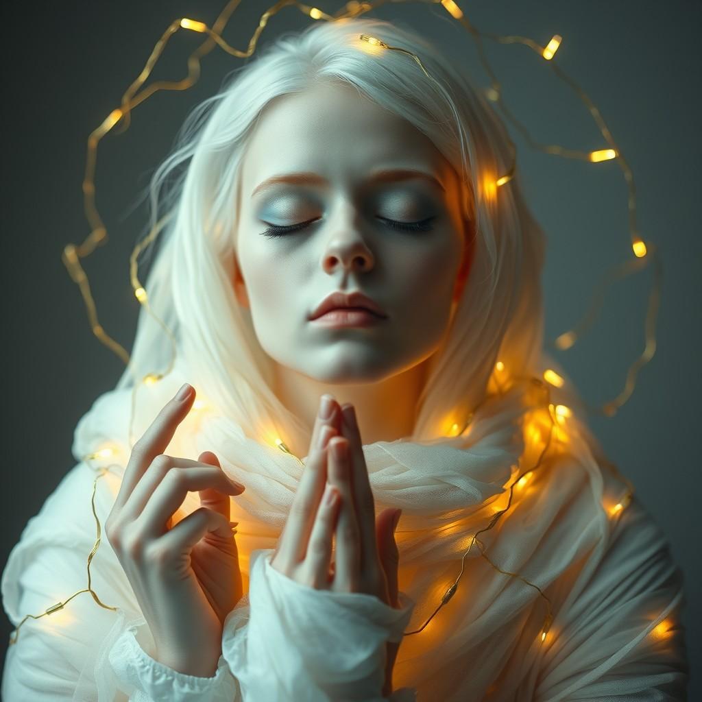 flux.1 aiEthereal portrait of a luminous being, pale skin, white hair, eyes closed in contemplation. Wrapped in layers of gauzy white fabric, resembling bandages or mummy wrappings. Glowing golden string lights intertwined throughout the figure, creating a halo effect. Hands clasped near face in a gesture of prayer or reflection. Soft, dream-like lighting with a warm golden glow contrasting against the white tones. Hyper-realistic detail in facial features and textures. Style blend of fantasy, baroque, and modern photography aesthetics