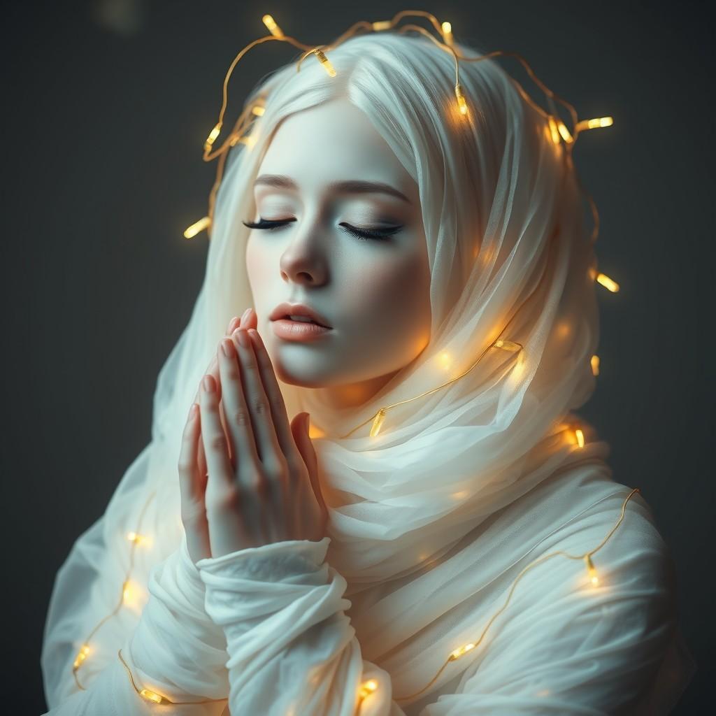 flux.1 aiEthereal portrait of a luminous being, pale skin, white hair, eyes closed in contemplation. Wrapped in layers of gauzy white fabric, resembling bandages or mummy wrappings. Glowing golden string lights intertwined throughout the figure, creating a halo effect. Hands clasped near face in a gesture of prayer or reflection. Soft, dream-like lighting with a warm golden glow contrasting against the white tones. Hyper-realistic detail in facial features and textures. Style blend of fantasy, baroque, and modern photography aesthetics