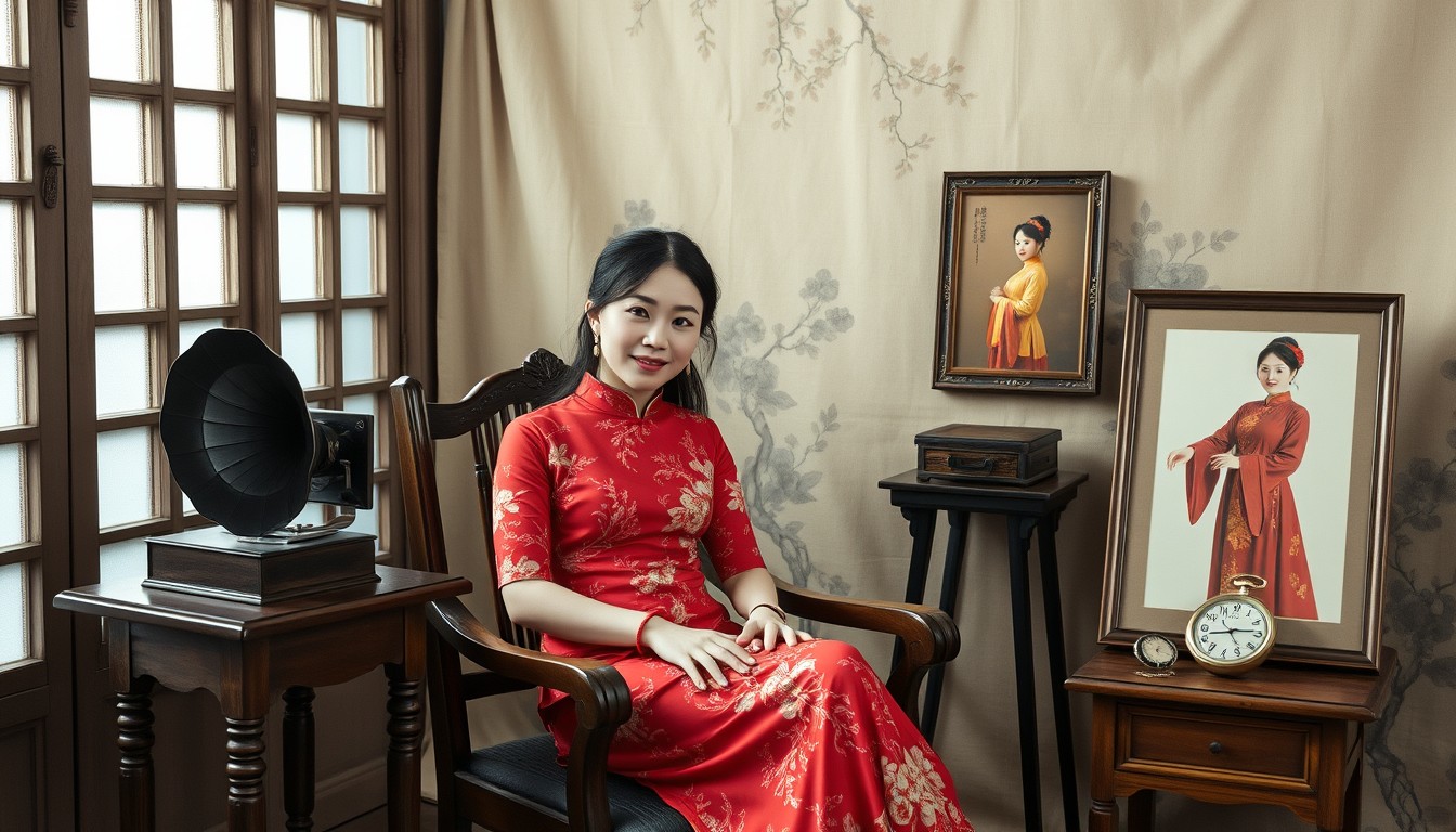 flux.1 aia fine art photographic portrait of a beautiful young Chinese woman in her early twenties wearing a red cheongsam and sitting in an antique wooden chair surrounded by a vintage large-format sheet film camera, a gramophone, a pocket watch, two framed prints of herself in different mandarin dress outfits, set against a hand painted muslin backdrop, the whole scene softly lit by a large bank of North-facing windows to camera left