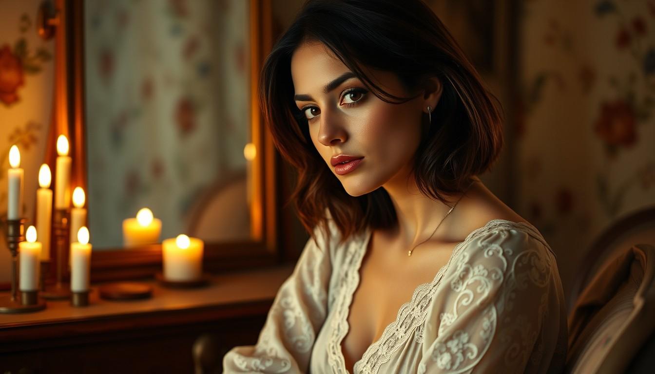 flux.1 aiEnvironmental portrait of a stunning brunette with shoulder-length hair, wearing a vintage long-sleeved lace nightgown while sitting in front of a dresser mirror, lit by candles