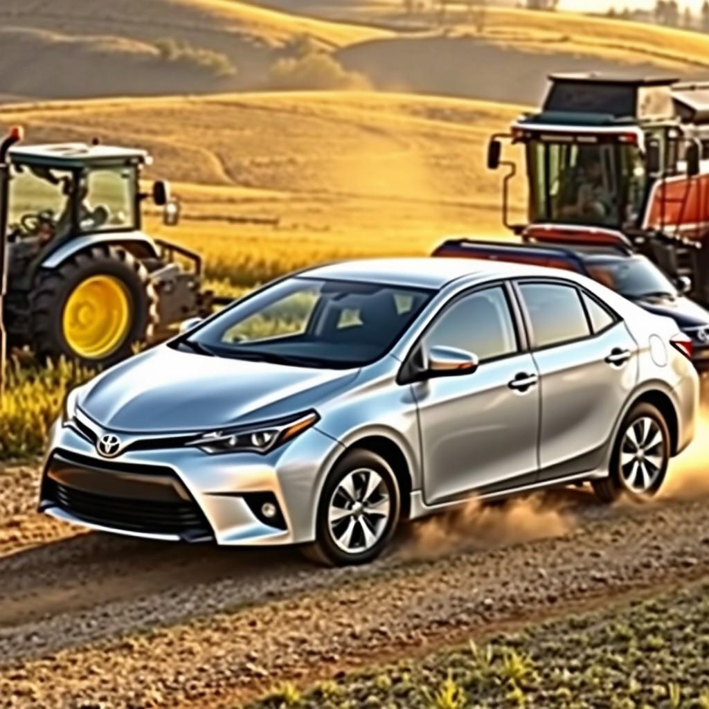 flux.1 aiA Toyota Corolla sedan, its sleek silver body gleaming in the afternoon sunlight, pulls into a rustic farm setting. Tractors and a massive combine harvester stand idle nearby, while a VW Amarok utility vehicle is parked alongside. The car's tires kick up clouds of dust as it comes to a stop amidst the rolling fields and barns.